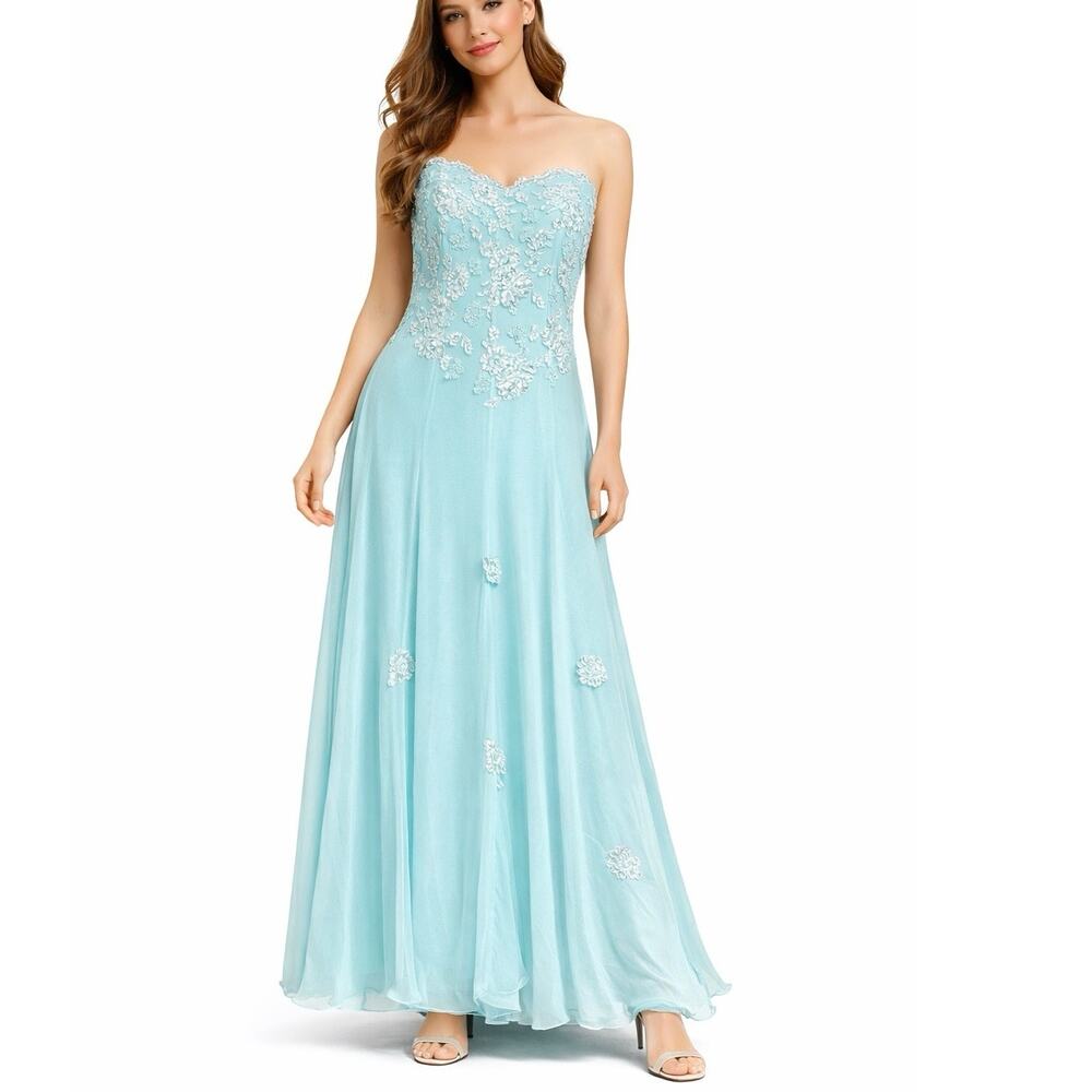 Jovani Strapless Lace-Appliqué Chiffon Maxi Dress in Light Blue